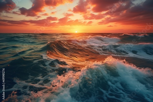  a painting of a sunset over a body of water with waves in the foreground and clouds in the background. © Shanti