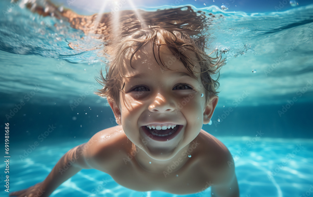 Happy little boy swimming underwater and smiling in aqua park pool during spending leisure time on summer holiday