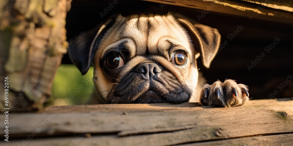 A cute dog smiling from its wooden house, mixing fun with comfort.