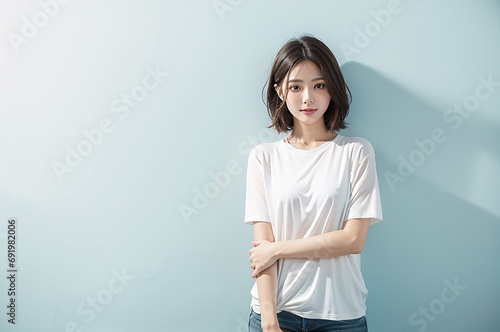 Tシャツを着た笑顔の日本人女性 青背景｜Generative AI