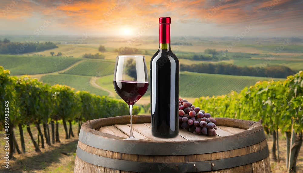 Red wine bottle and wine glass on wooden barrel with vineyard background.