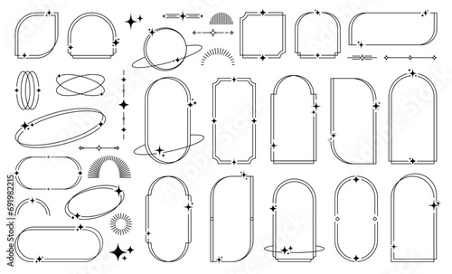 Frames and minimal line borders with star sparkles and twinkles or arch shapes, vector linear elements. Simple minimal outline frames and line art borders or arcs with celestial magic star sparkles