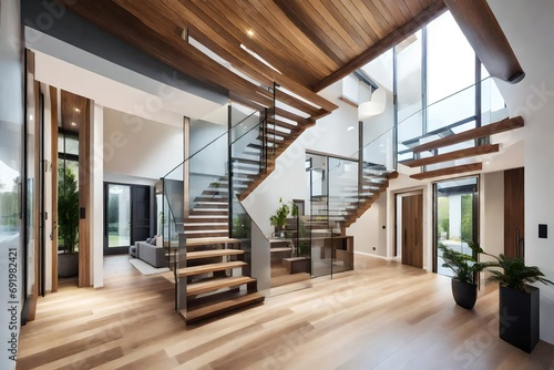 exterior hall of a modern house with views of staircase  kitchen and hall.