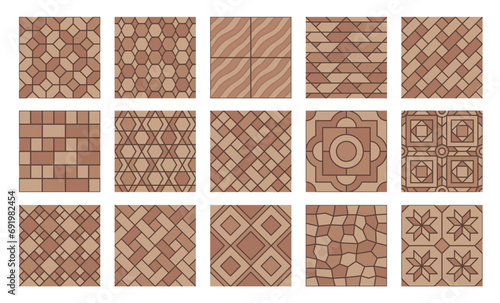 Brown pavement top view patterns, street cobblestone and garden sidewalk tiles, seamless vector. Stone bricks pavement patterns of terracotta tiles with mosaic cubic and geometric floral pattern