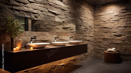 A textured stone wall in a spa-like bathroom with recessed lighting photo