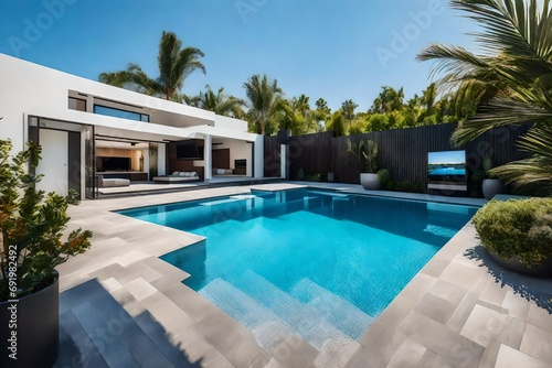 backyard pool at luxury modern design home. © Mazhar