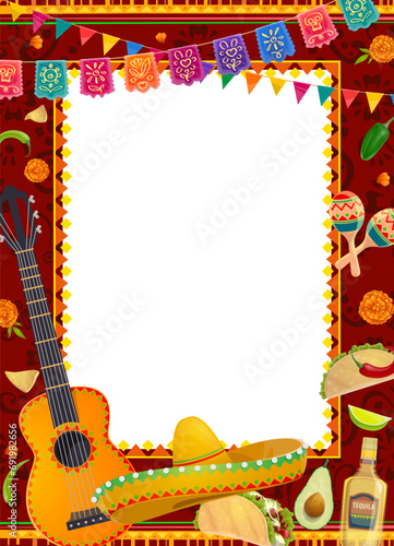 Mexican holiday frame with sombrero, guitar and maracas, vector background. Mexican fiesta of Cinco de Mayo border frame with papel picado flags, tequila, taco and chili jalapeno peppers and flowers