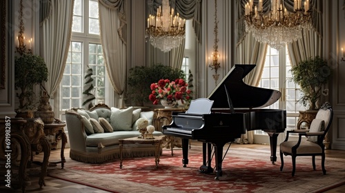 A traditional living room with a grand piano, luxurious drapes, and classic molding photo