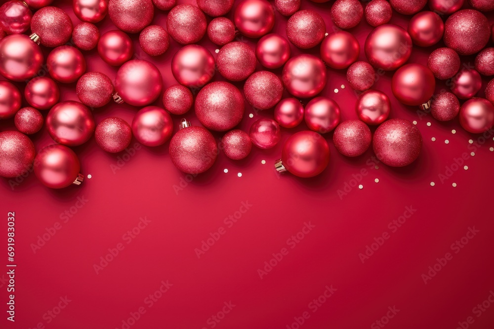 a bunch of shiny red christmas balls on a red background with a place for a text or an image to put on a card or brochure. a bunch of shiny red christmas balls on a red background with a place for a text or an image to put on a card or brochure.