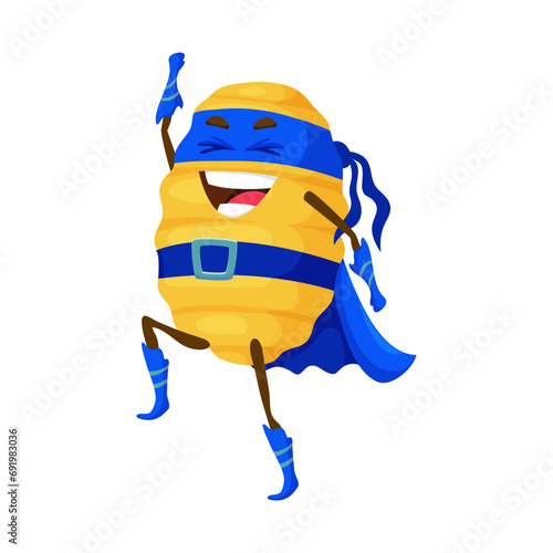 Cartoon gnocchi italian pasta food superhero character. Isolated vector quirky, noodle-themed hero with pasta-themed super powers, fighting against hunger and saving the world with a sprinkle of charm