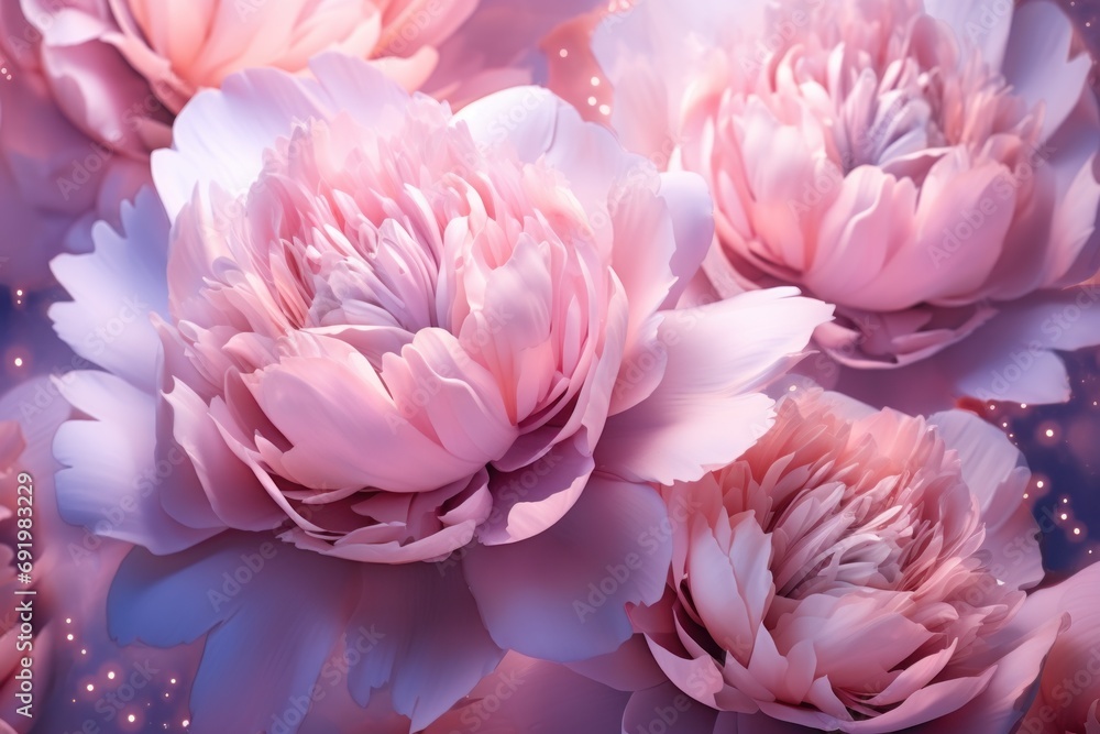  a bunch of pink peonies on a blue and pink background with sparkles in the bottom right corner.