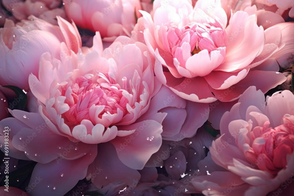 a bunch of pink peonies with water droplets on them are in the middle of a bouquet of pink peonies. a bunch of pink peonies with water droplets on them are in the middle of a bouquet of pink peonies.