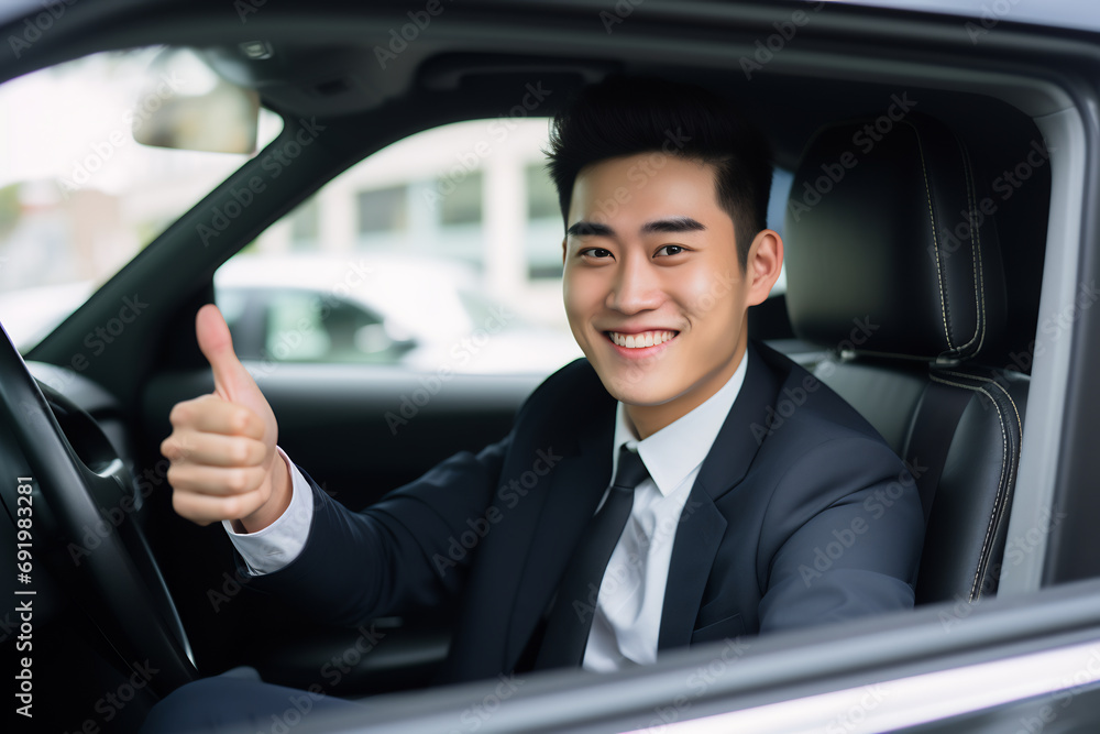 Portrait of young asian man showing thumbs up while driving a car looking at camera