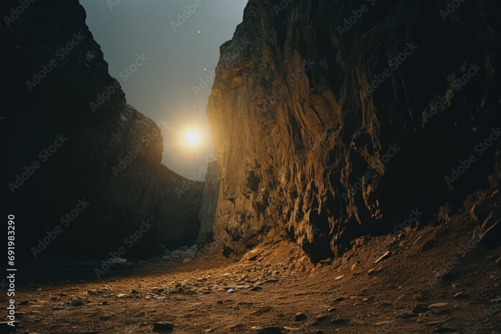  the sun shines brightly through a narrow tunnel in a rocky mountain side with snow on the ground and dirt on the ground.