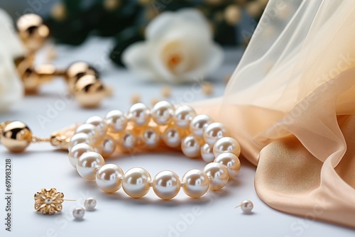  a close up of a bracelet and a pair of earrings on a white surface with flowers in the back ground.