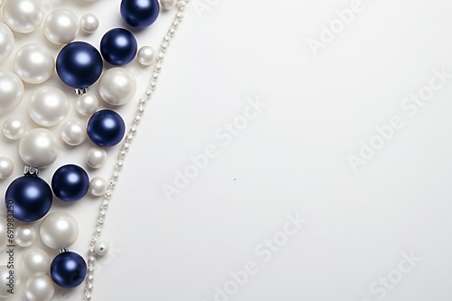  a bunch of pearls and a necklace on a white surface with a blank space for a text or a picture.