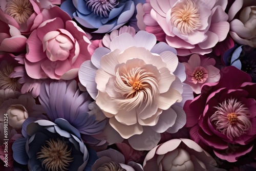  a bunch of flowers that are in the middle of a bunch of pink, purple, and blue flowers on a black background.