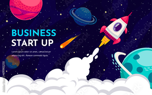 Business start up banner with rocket launch to starry galaxy space. Vector background for startup project launch or product presentation. Cartoon spacecraft fly up in Universe, successful idea booster