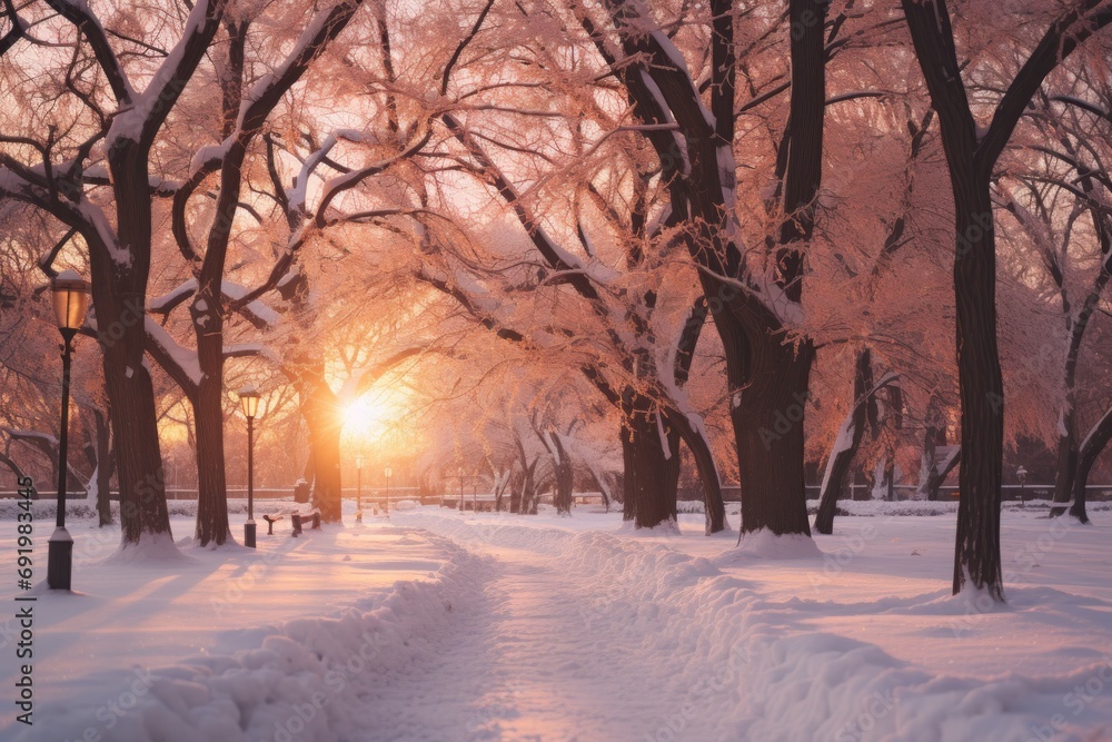 the sun shines through the trees in a snowy park with a path leading to a bench in the foreground. the sun shines through the trees in a snowy park with a path leading to a bench in the foreground.