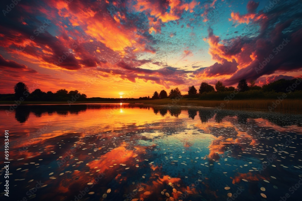  a large body of water with a sky filled with clouds above it and a sunset in the middle of the picture.