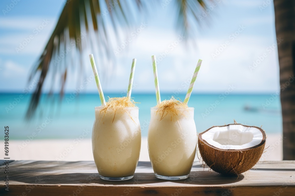 a couple of drinks sitting on top of a wooden table next to a coconut and a drink in a glass. a couple of drinks sitting on top of a wooden table next to a coconut and a drink in a glass.