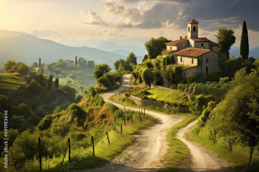 a painting of a country road with a church on the top of a hill in the middle of the country. a painting of a country road with a church on the top of a hill in the middle of the country.
