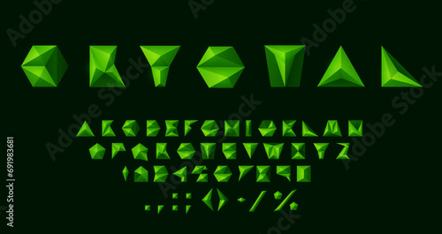 Emerald crystal font, 3D low poly type and green typeface, vector geometric shape English alphabet. Text alphabet of emerald diamond or green gem letters, ABC typography or jewel stone low poly font