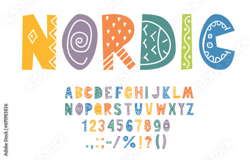 Nordic font, Scandinavian type or traditional folk typeface, vector doodle style English alphabet. Nordic ABC font and signs with Scandinavian ethnic ornament or cartoon art design letters and symbols