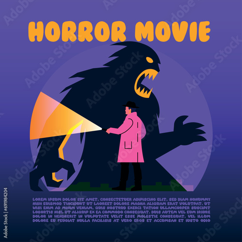 horror film poster, detective with a flashlight, giant monster silhouette, vector illustration, flat design