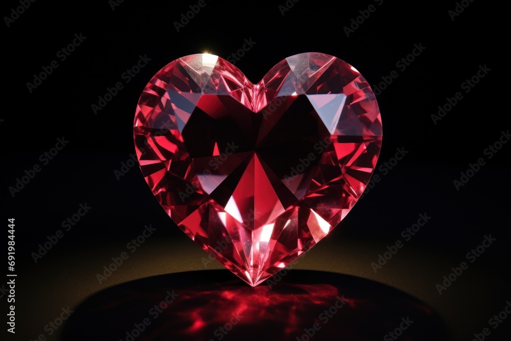 a red heart shaped diamond sitting on top of a black surface with a light shining on the top of it. a red heart shaped diamond sitting on top of a black surface with a light shining on the top of it.