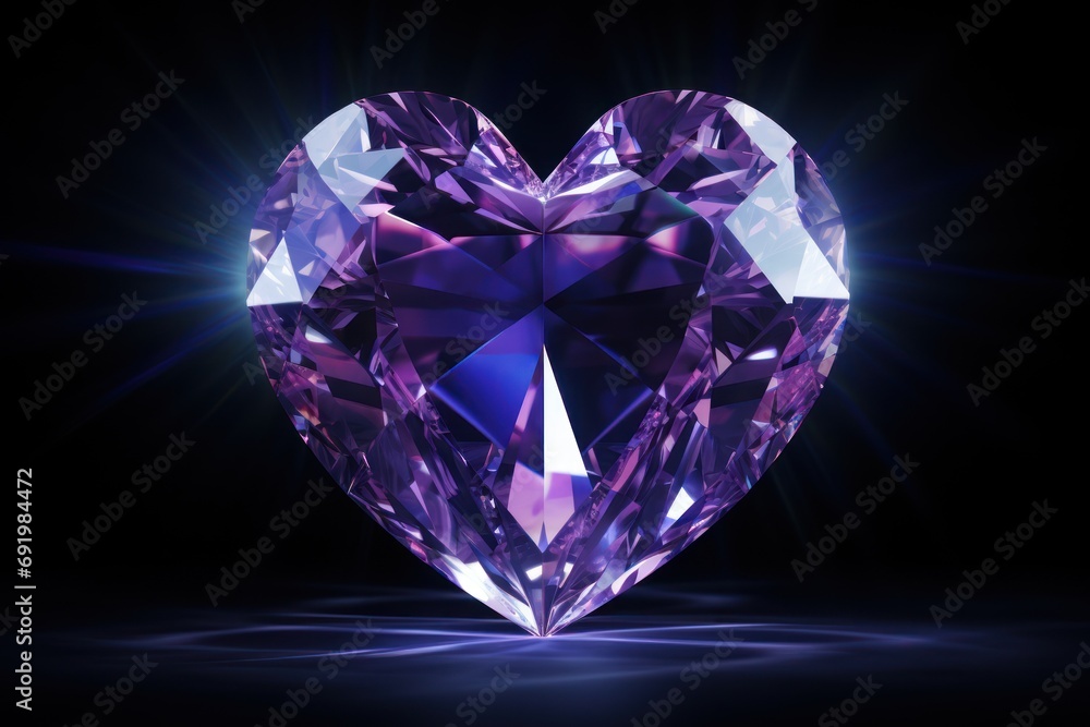  a heart shaped purple diamond on a black background with a flash of light coming through the center of the heart.