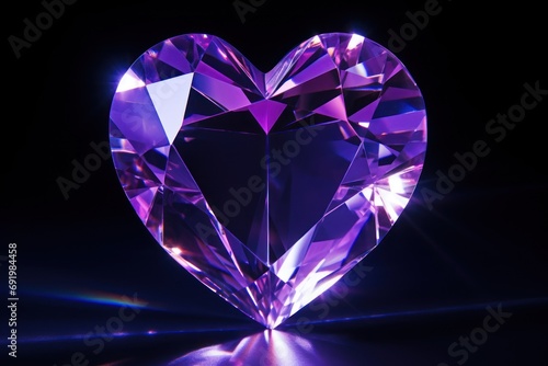  a purple heart shaped diamond sitting on top of a black surface with a reflection of light on the side of it. © Shanti