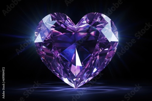 a heart shaped purple diamond on a black background with a flash of light coming through the center of the heart. © Shanti
