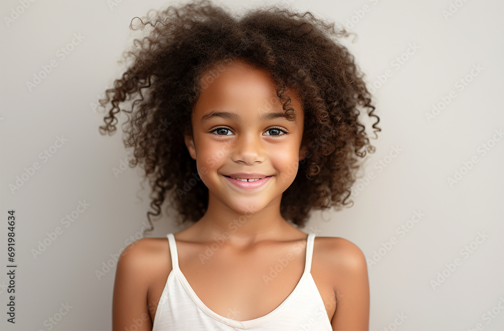 Happy Black Girl: Smiling with Curly Hair, White Background Happy Black Girl: Smiling with Curly Hair, White Background