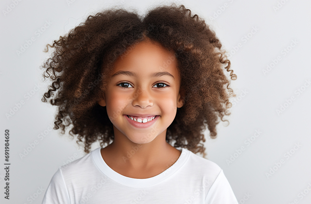 Happy Black Girl: Smiling with Curly Hair, White Background Happy Black Girl: Smiling with Curly Hair, White Background