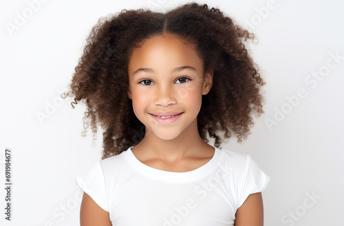 Happy Black Girl: Smiling with Curly Hair, White Background © Ben