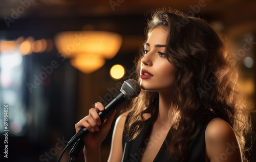 elegant lady, graces the illuminated stage, microphone in hand