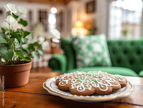 clover cookie with intricate icing details  against the backdrop of a cozy home setting with Saint Patrick s Day