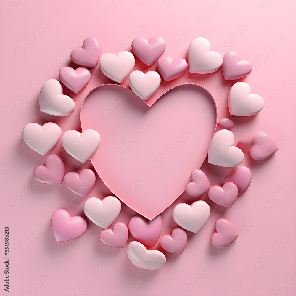 Top view of many 3D hearts There is free space in the middle. on a light pink background