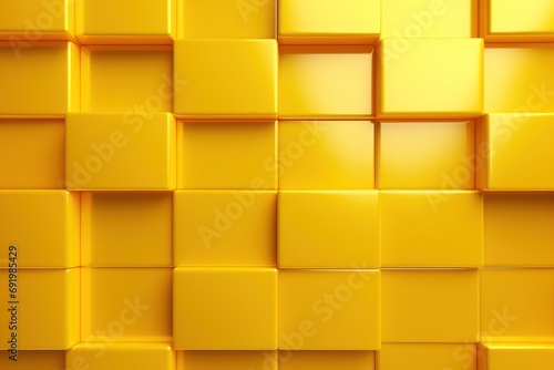  a wall made up of yellow cubes with a light coming through the middle of the wall in the middle of the room.