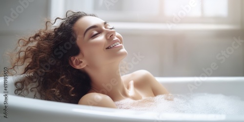 Obraz na płótnie woman lying in foam in the bath Generative AI