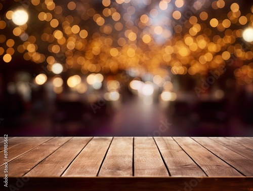 Mock up for space Empty dark wooden table in front of abstract blurred bokeh background for display selective focus © Wanda