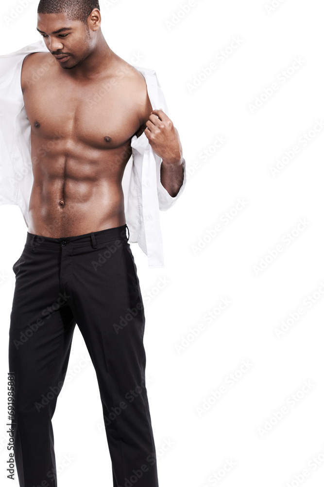 Fototapeta premium Shirt, black man and abs with muscle, body and confident guy isolated on a white studio background. African person, stomach and model with exercise, fitness and healthy with clothes and mockup space