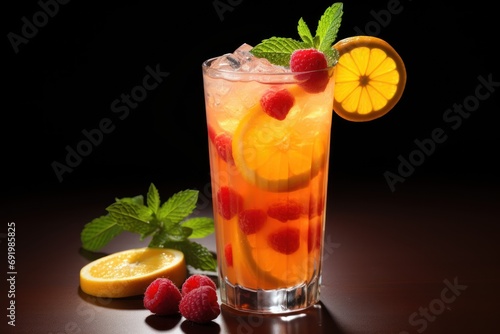  a close up of a drink in a glass on a table with raspberries and lemons next to it.