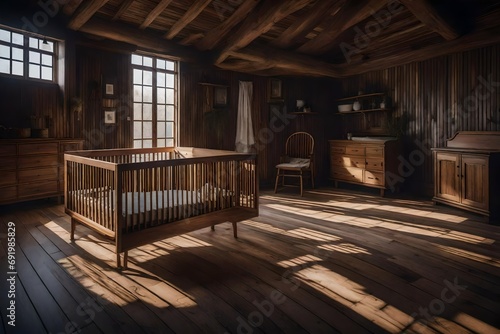 interior of a room with a wooden crib.