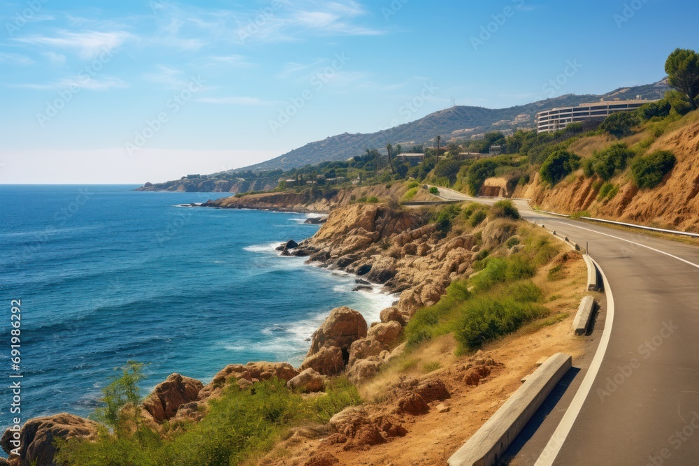 a view of a road next to a body of water with a cliff on one side and a building on the other side. a view of a road next to a body of water with a cliff on one side and a building on the other side.