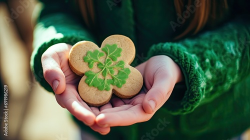 Photograph ofof focus, with a background of a family wearing green for Saint Patrick's Day