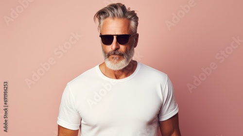 a Focused and Intense bearded middle-aged man in casual wearing white T-shirt and black sun glasses on pastel peach background,