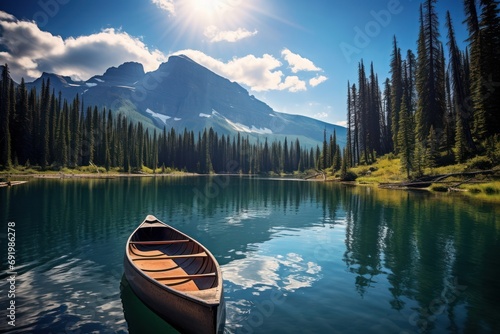  a boat floating on top of a lake next to a lush green forest under a blue sky with white clouds.