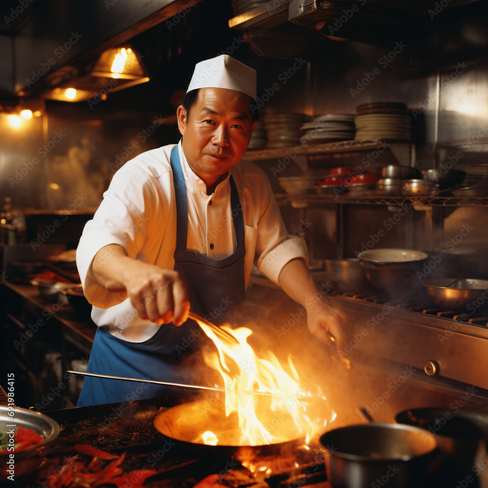 A middle-aged Chinese cook, in a restaurant kitchen working with a flaming hot wok. Generated AI A middle-aged Chinese cook, in a restaurant kitchen working with a flaming hot wok. Generated AI
